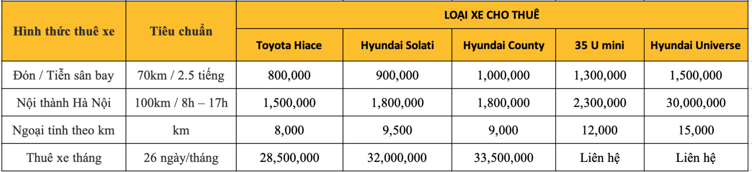 bảng thía thuê xe thaco 29 chỗ